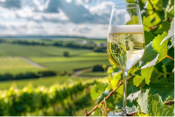 英国の晴れた野原を背景としたスパークリングワインの画像