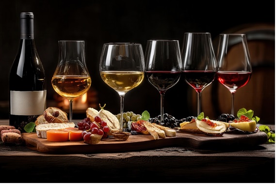 色々な種類のグラスにワインが入って並べられている画像